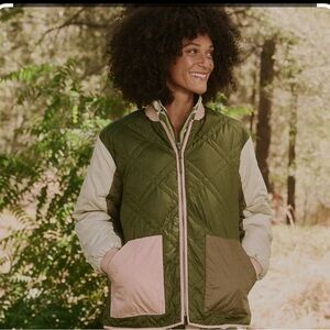 THE GREAT. Green and Beige Quilted Bomber Jacket